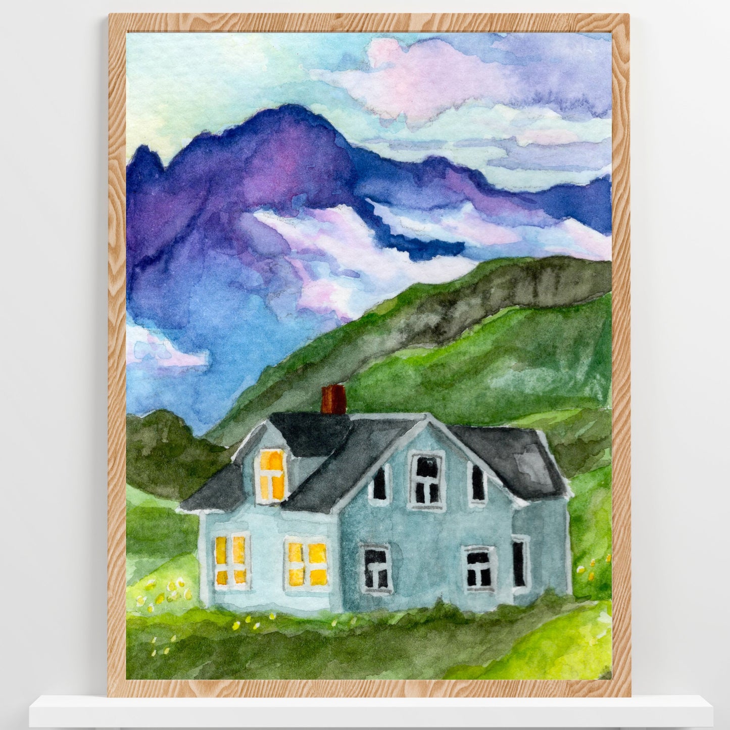Tiny House and Mountains Landscape | Watercolor Print