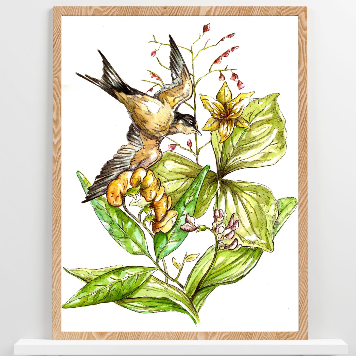 In Flight Bird Botanical | Watercolor Print
