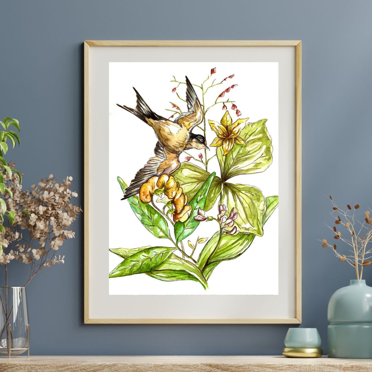 In Flight Bird Botanical | Watercolor Print