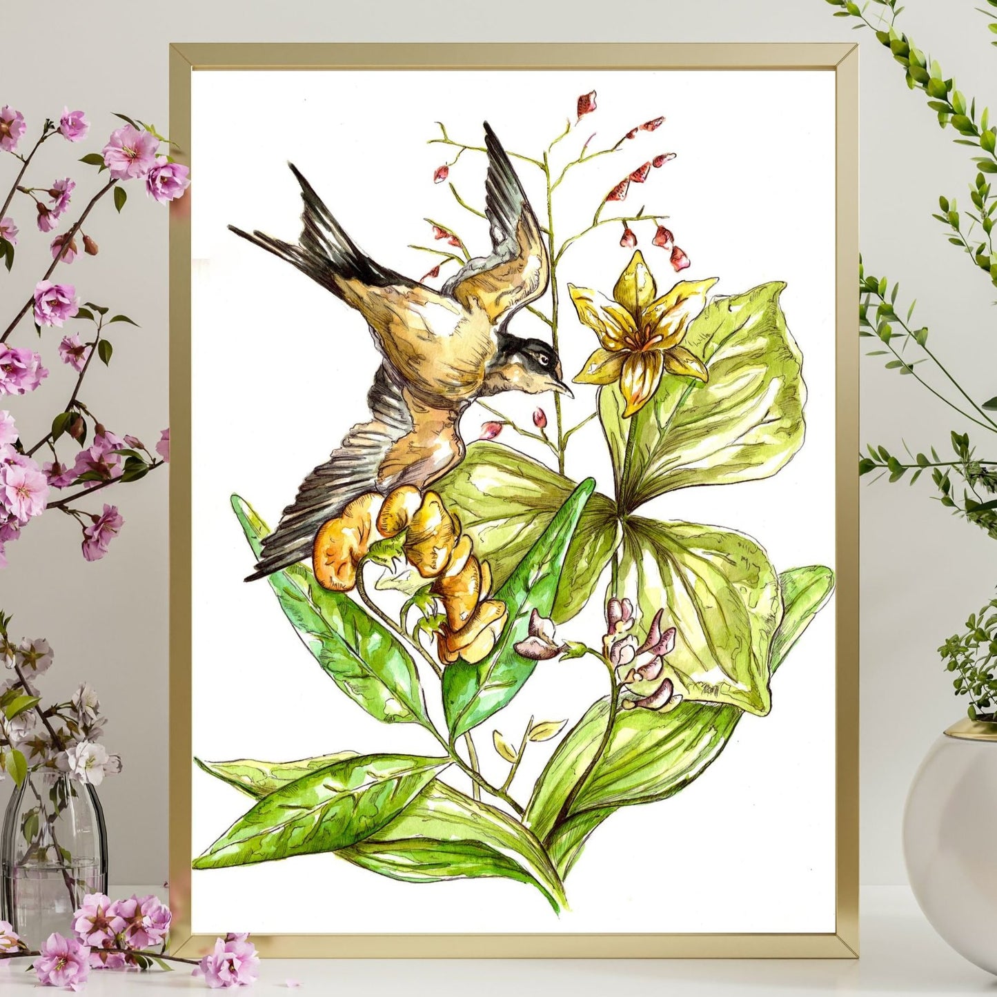 In Flight Bird Botanical | Watercolor Print