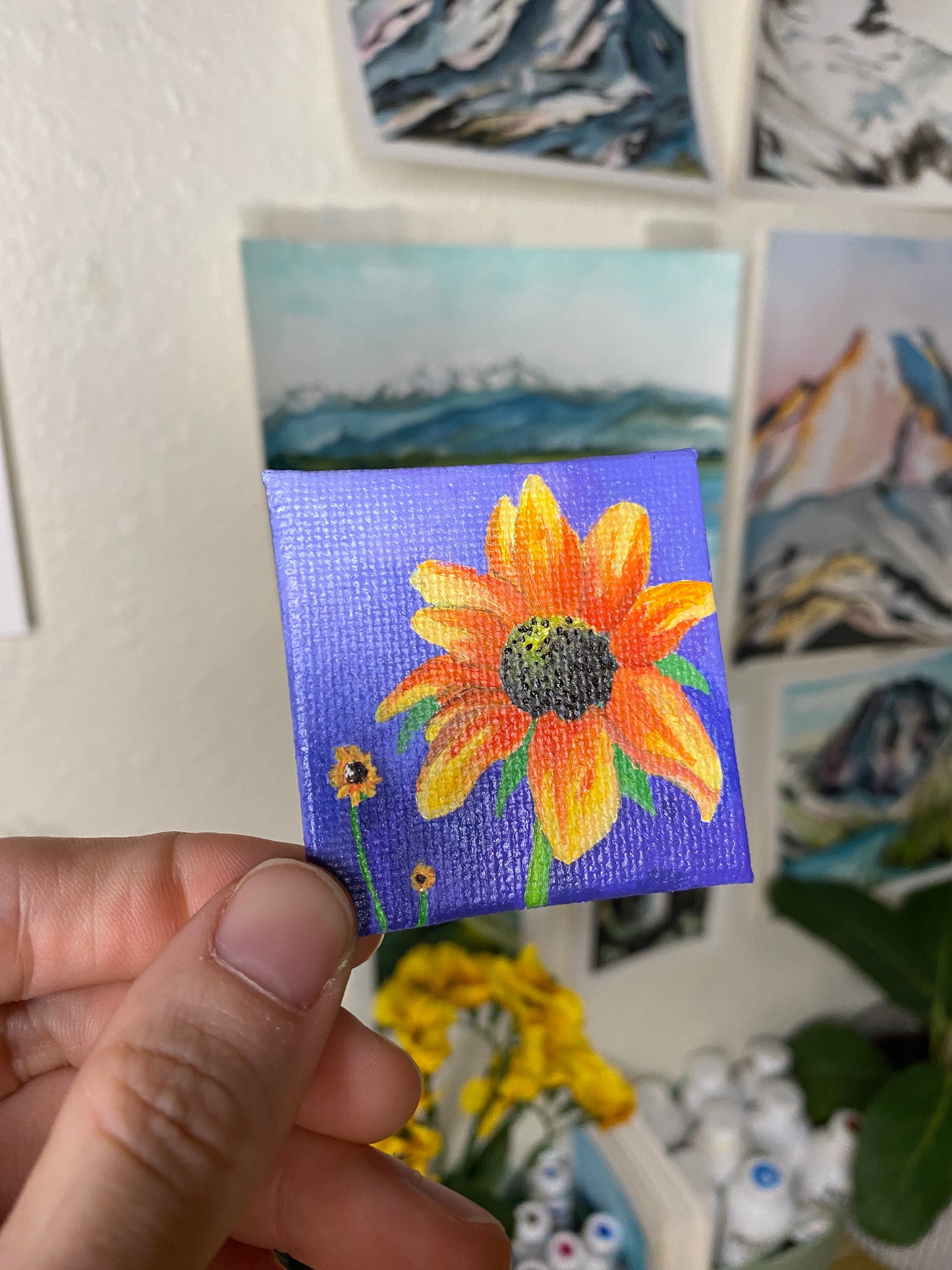 Sunflower Miniature Acrylic Painting on Canvas Panel