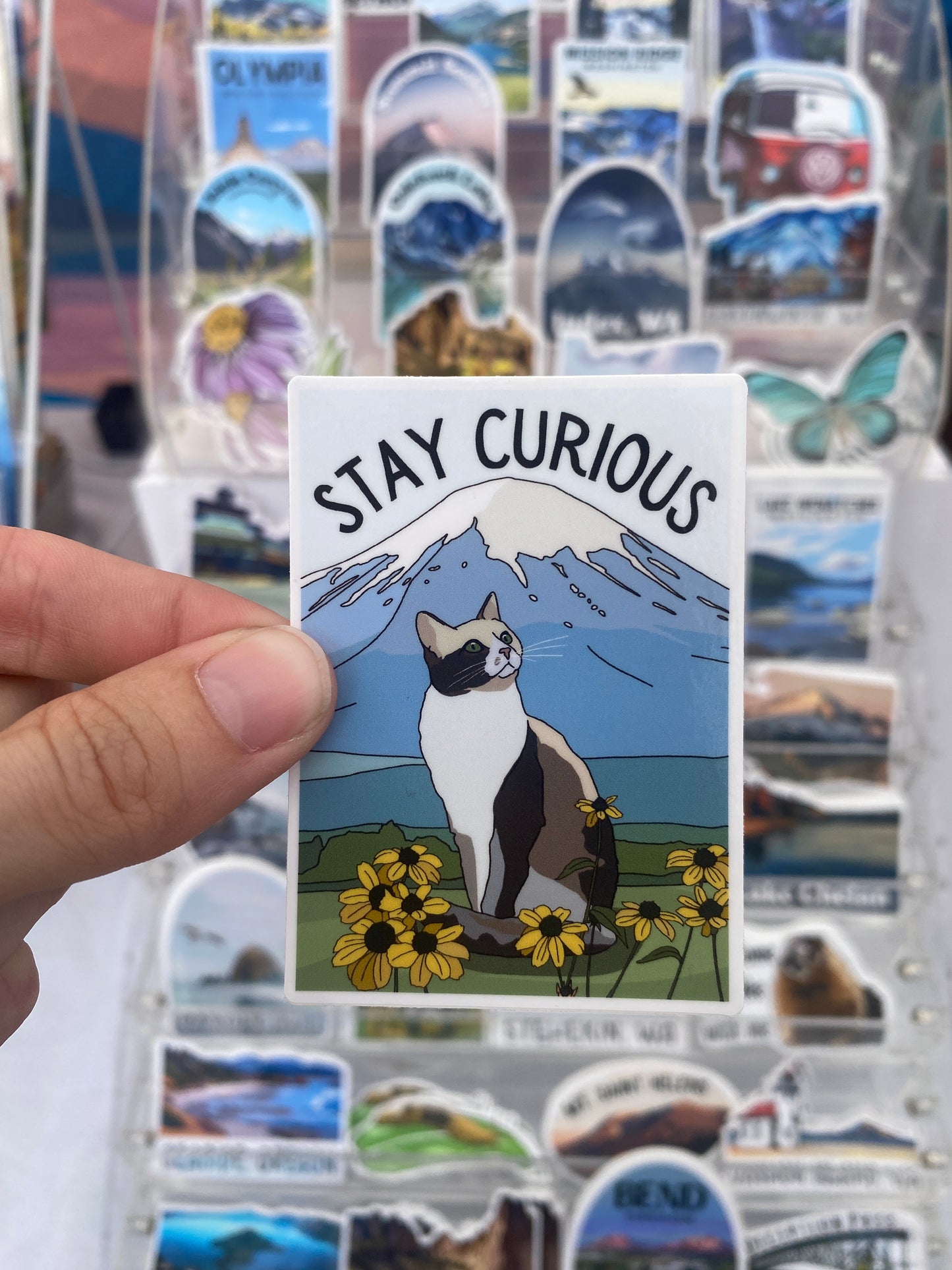 Stay Curious Cat and Mountain Sticker 2x3"