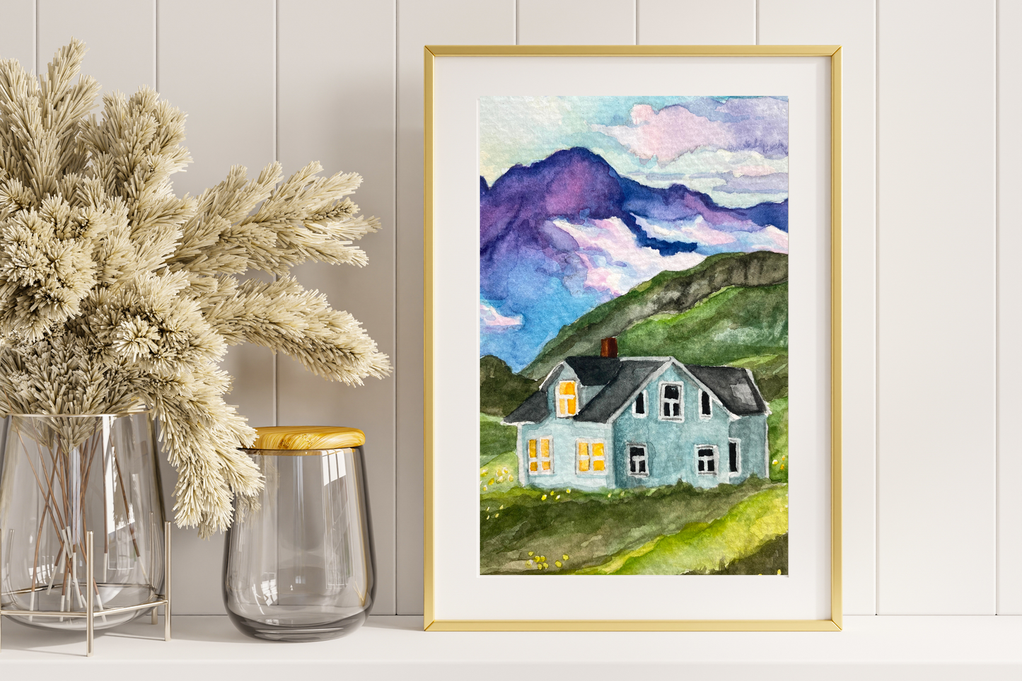 Tiny House and Mountains Landscape | Watercolor Print