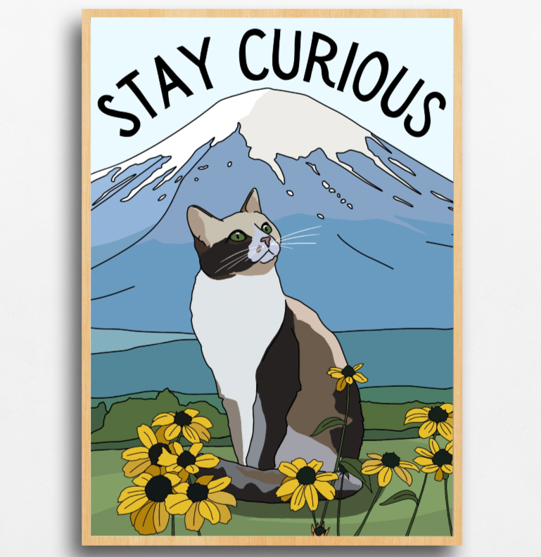 Stay Curious Cat and Mountain Poster