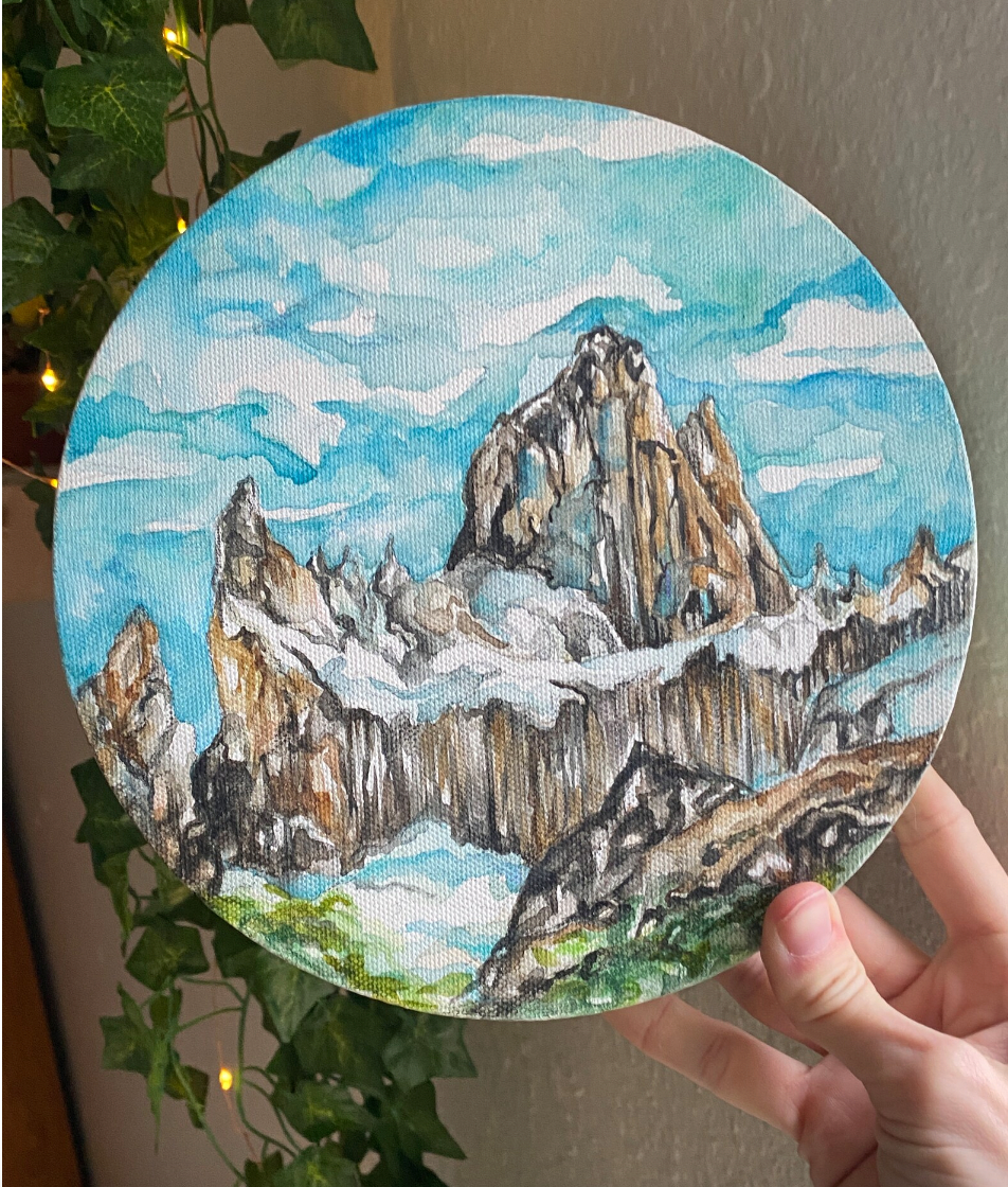 Cerro Fitz Roy Watercolor Painting on Round Canvas