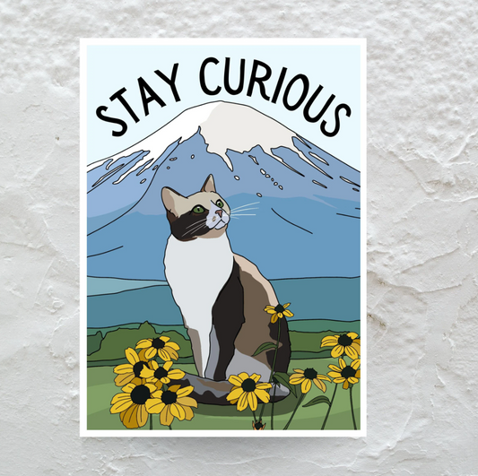 Stay Curious Cat and Mountain Sticker 2x3"