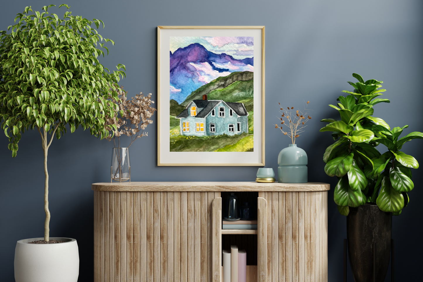 Tiny House and Mountains Landscape | Watercolor Print