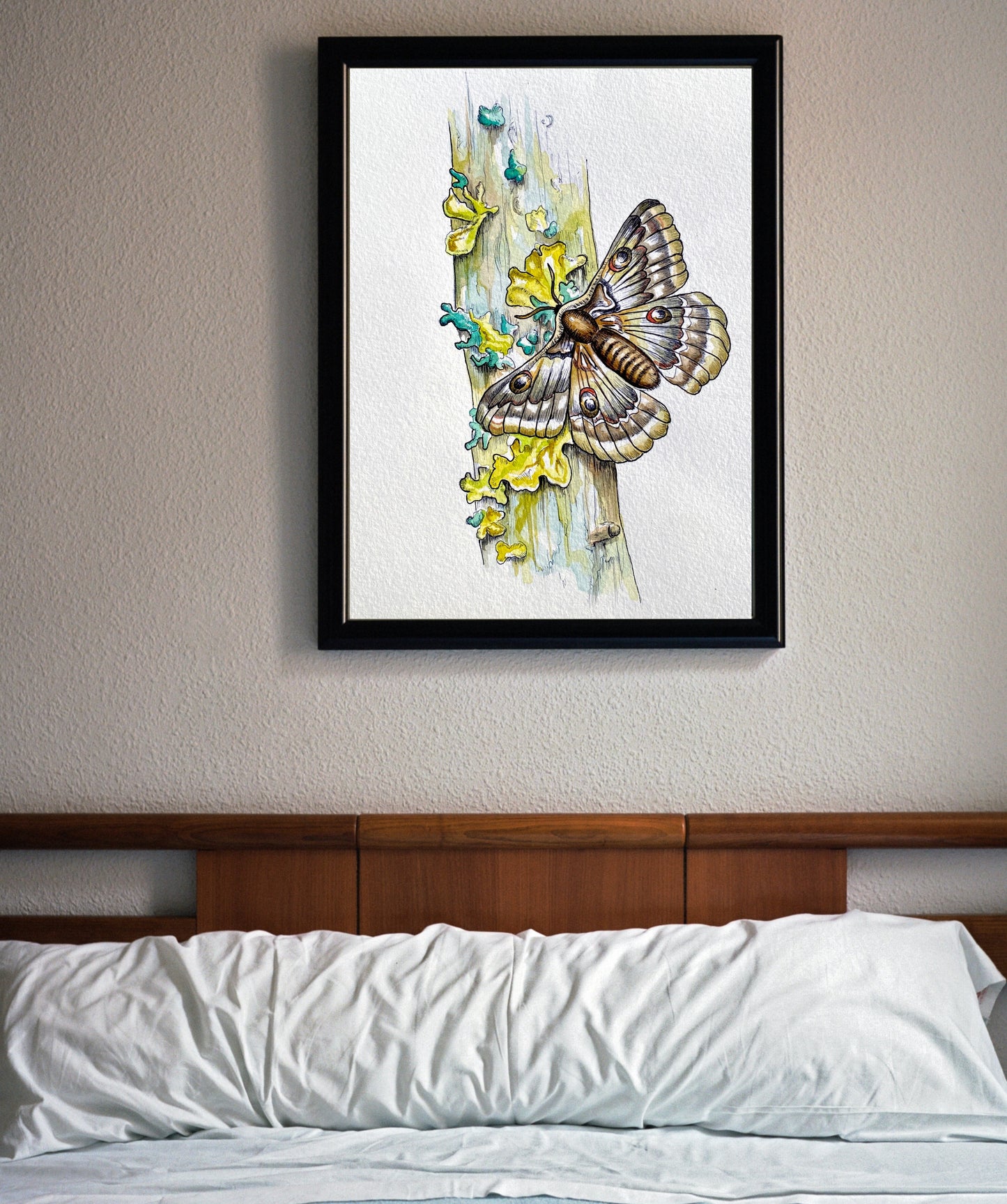 Moth on Moss-Covered Branch Watercolor Print | Botanical Wall Art