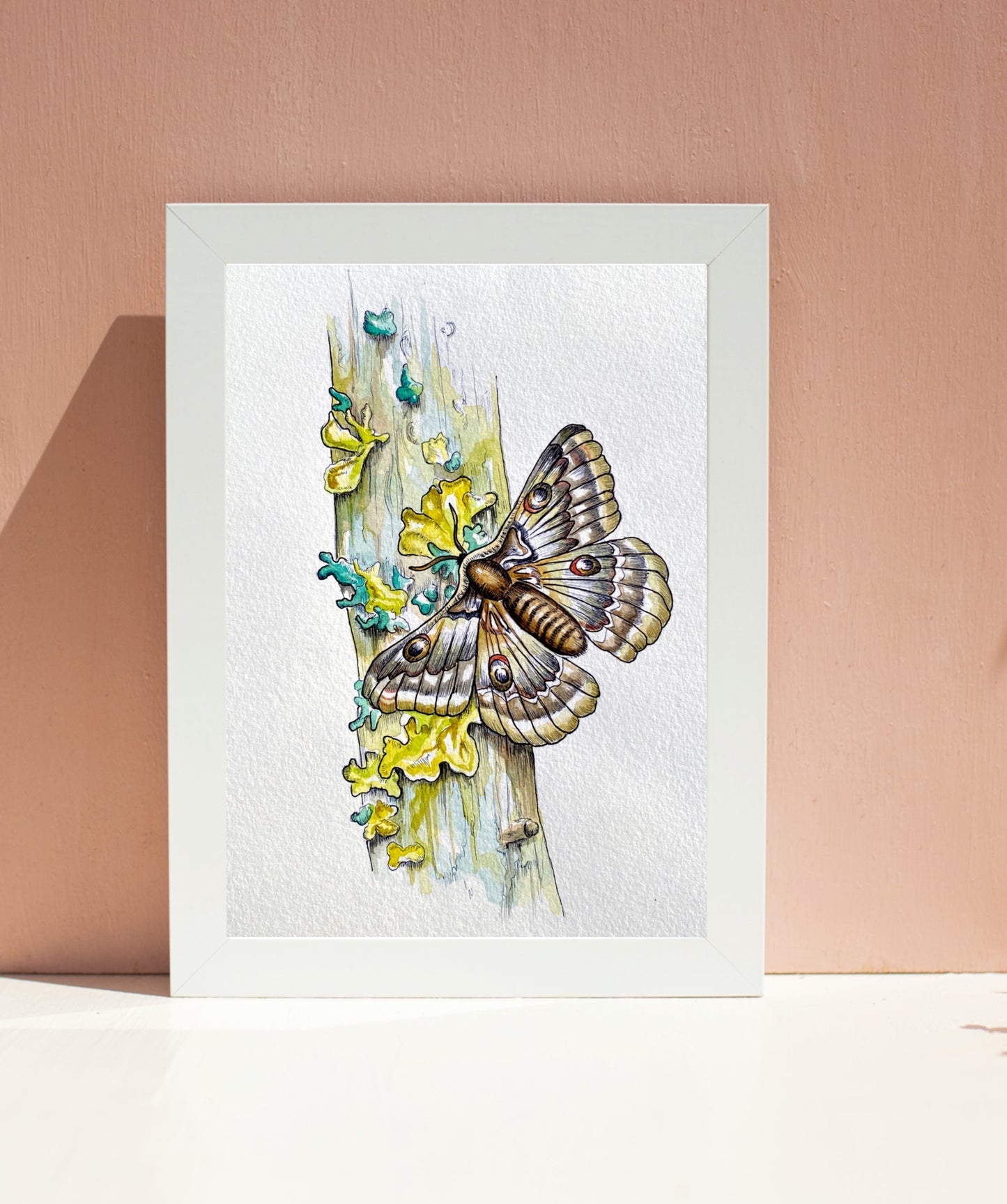 Moth on Moss-Covered Branch Watercolor Print | Botanical Wall Art