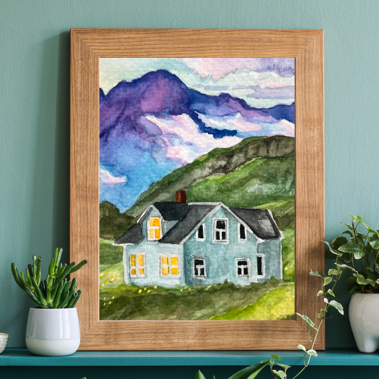 Tiny House and Mountains Landscape | Watercolor Print