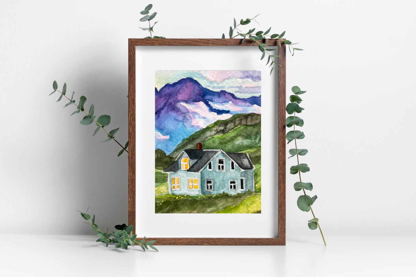 Tiny House and Mountains Landscape | Watercolor Print