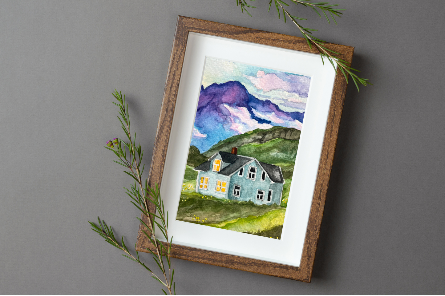 Tiny House and Mountains Landscape | Watercolor Print