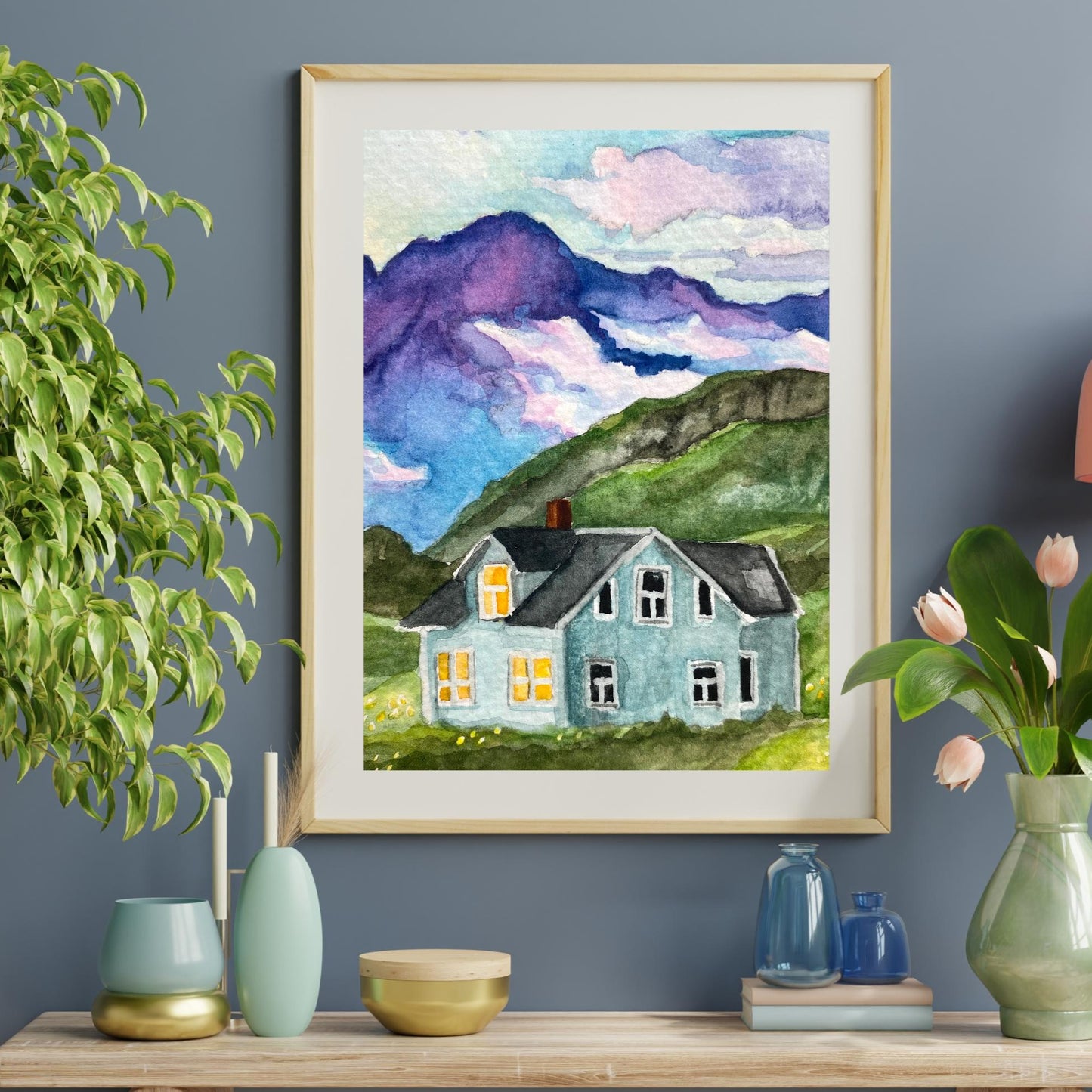 Tiny House and Mountains Landscape | Watercolor Print