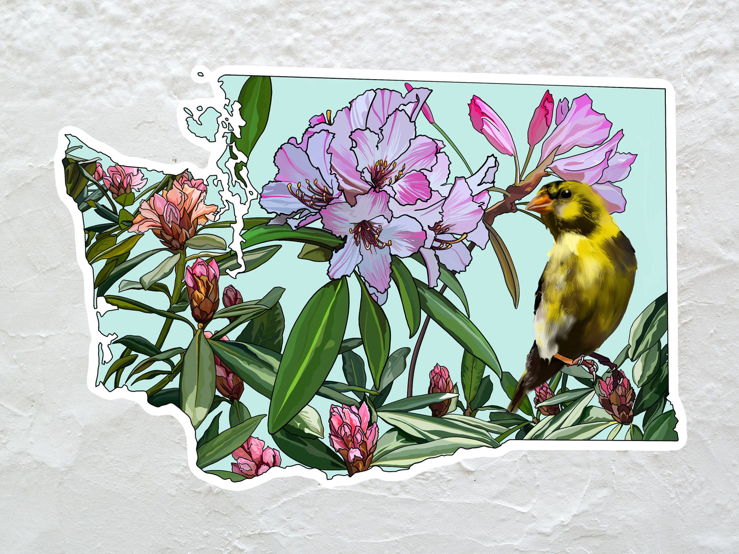 Washington State Sticker - State bird and flower - Willow Goldfinch sticker, Pacific rhododendron Vinyl Decal, Waterproof Outdoor Use