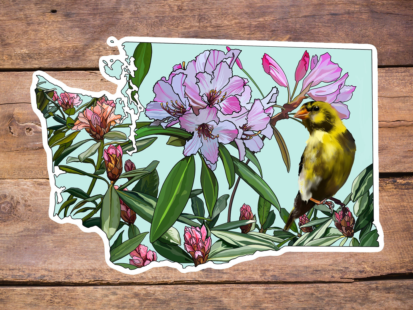 Washington State Sticker - State bird and flower - Willow Goldfinch sticker, Pacific rhododendron Vinyl Decal, Waterproof Outdoor Use