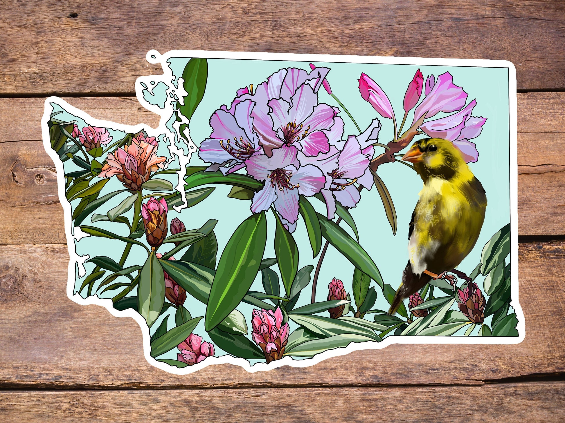 Washington State Sticker - State bird and flower - Willow Goldfinch sticker, Pacific rhododendron Vinyl Decal, Waterproof Outdoor Use