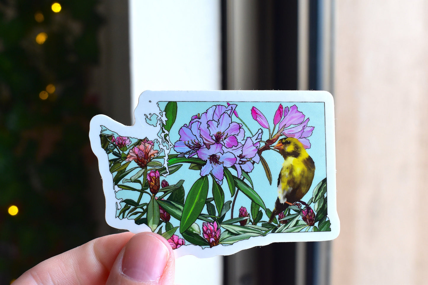 Washington State Sticker - State bird and flower - Willow Goldfinch sticker, Pacific rhododendron Vinyl Decal, Waterproof Outdoor Use