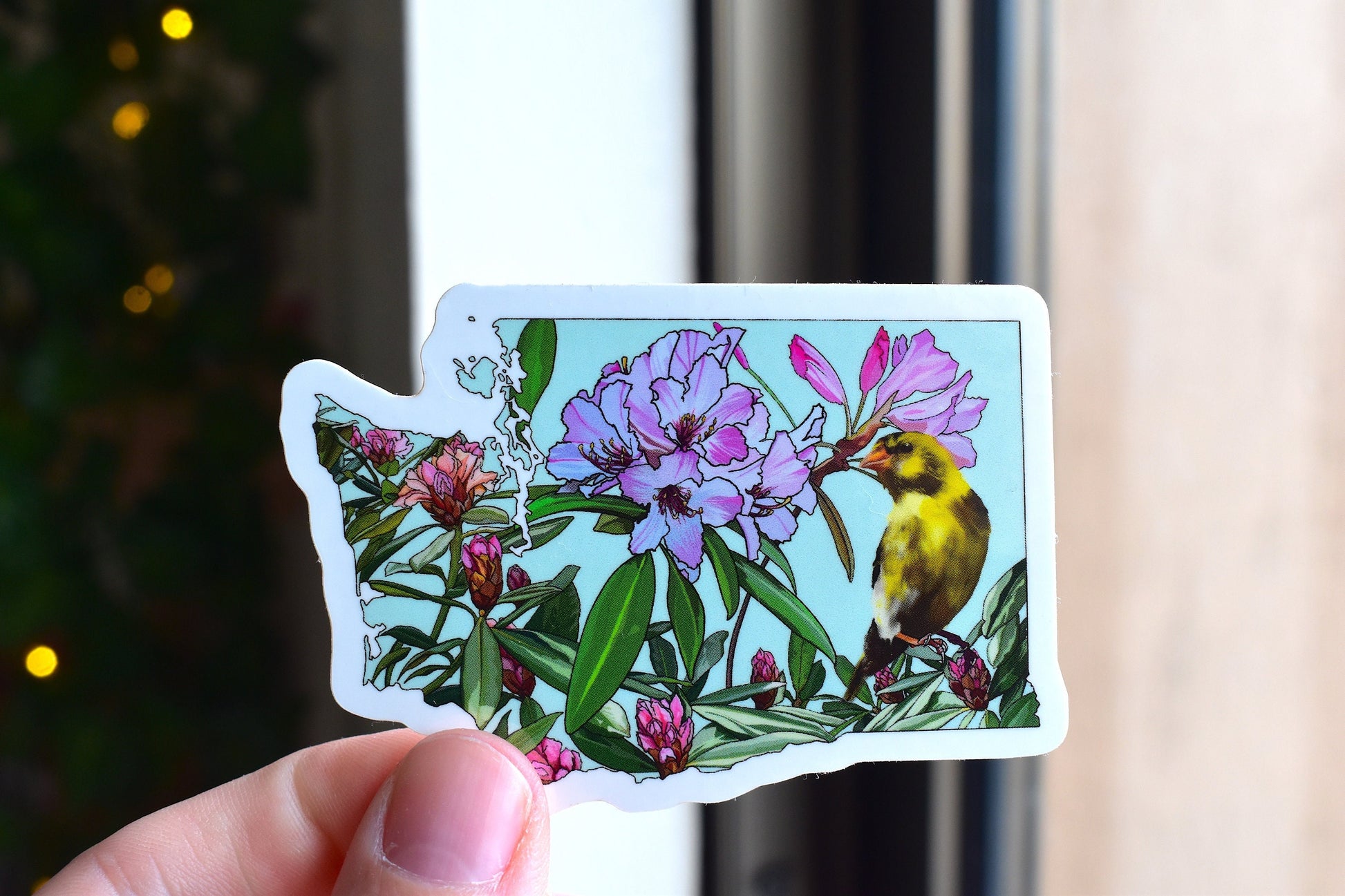 Washington State Sticker - State bird and flower - Willow Goldfinch sticker, Pacific rhododendron Vinyl Decal, Waterproof Outdoor Use